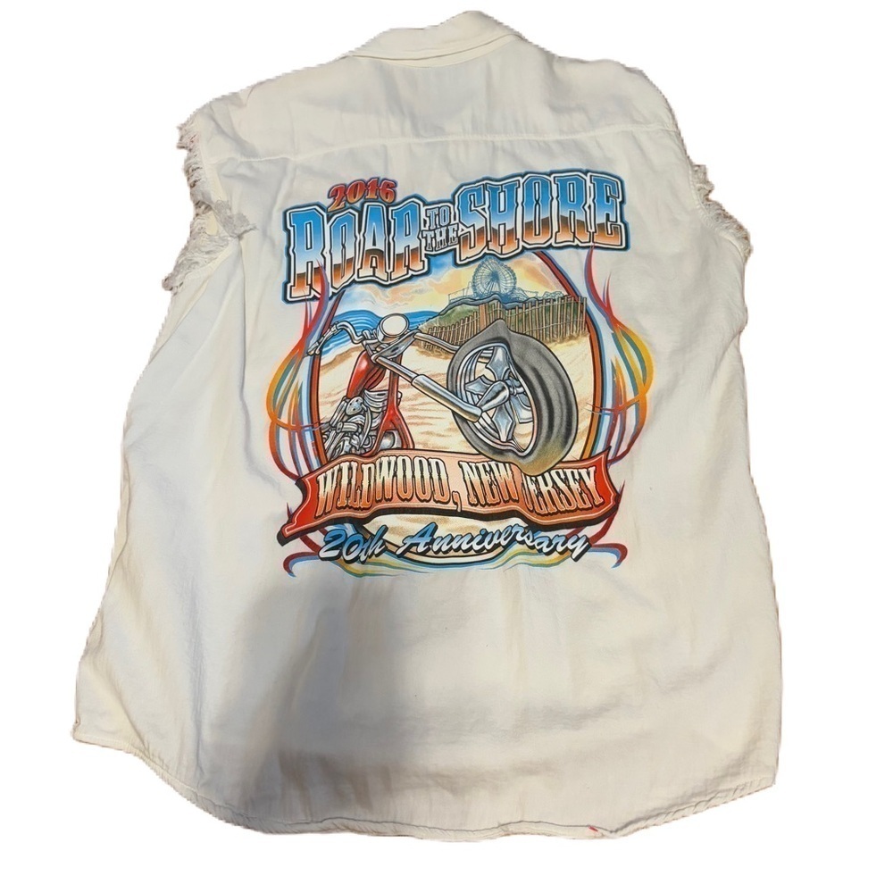 Vintage Roar to the Shore Fray Sleeve Biker Button Down  Shirt 2X Cut Sleeve